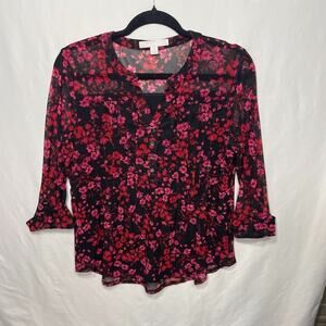 Juniper + Lime Floral Sheer Top Lined Medium Pin Tuck Roll Tab Sleeve Boho Artsy